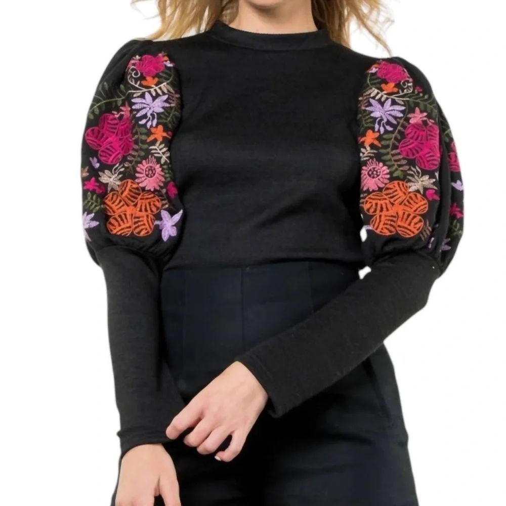 THML Black Blouse with Vibrant Embroidered Sleeves - Picture 4 of 8